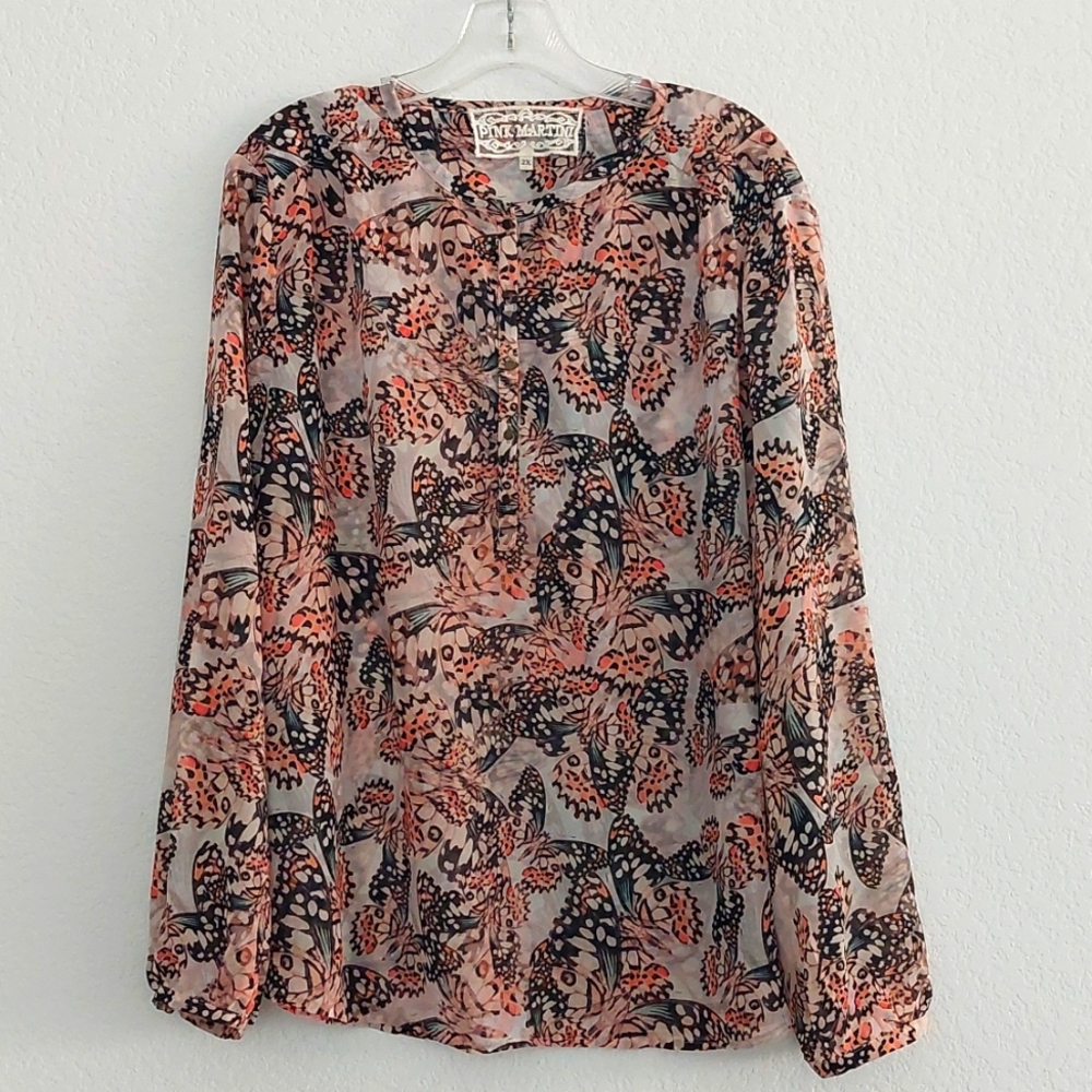 PINK MARTINI Women's Long Sleeve Butterfly Print Blouse NWOT